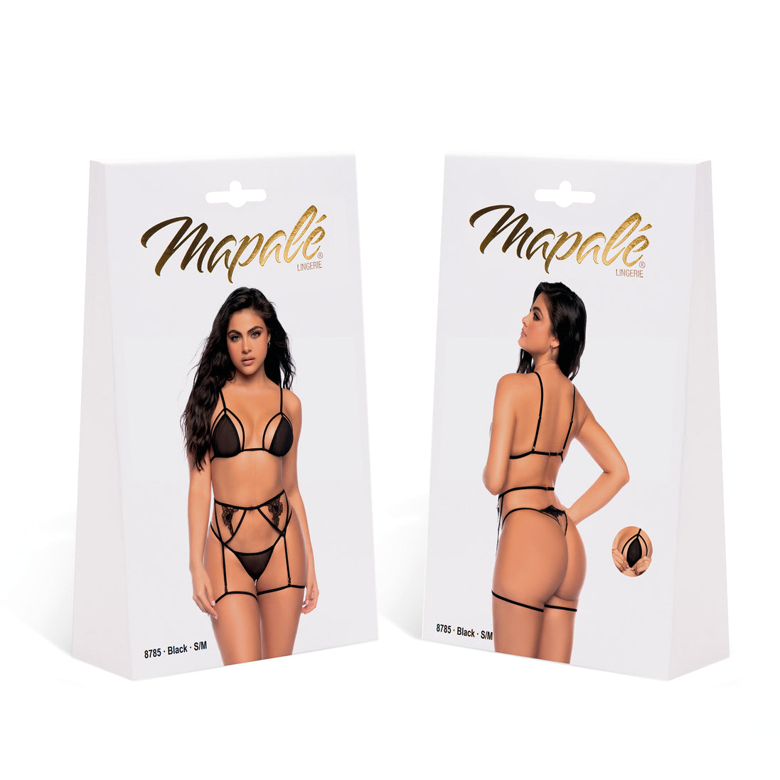Mapalé 3-delige mesh set zwart maat S/M, productverpakking met complete set