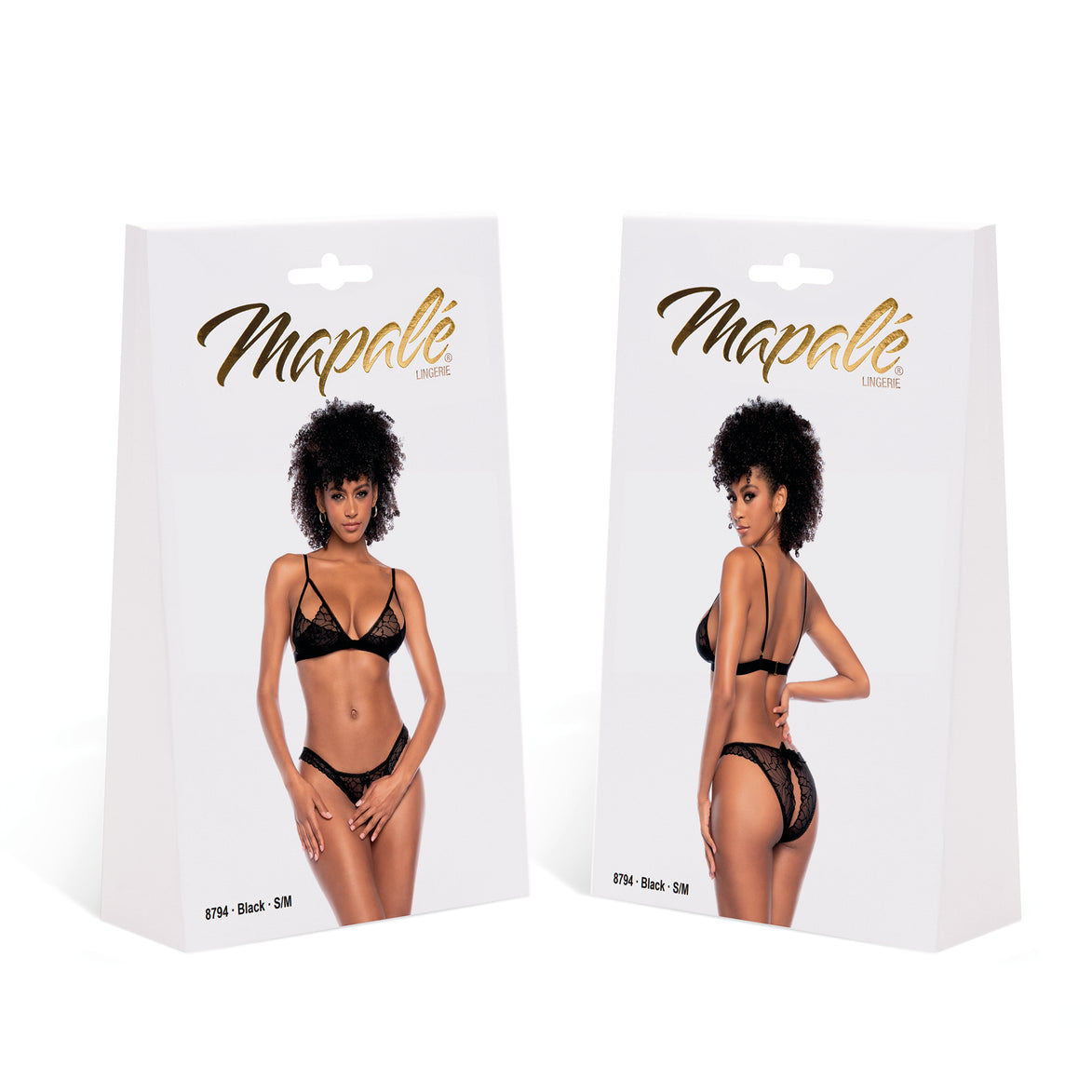 Mapalé 2-delige set zwart maat S/M, productverpakking met voor- en achterzijde duidelijk zichtbaar