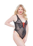 Allure Daisy Crotchless Teddy plus size zwart rood, kanten teddy met open kruis en rood bloemdetail, vooraanzicht op model