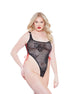 Allure Kitten Crotchless Teddy plus size zwart, kanten teddy met open kruis en satijnen strikdetail, vooraanzicht op model