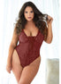Allure Leopard Lace-Up Teddy bordeauxrood in maat 2X/3X, model draagt kanten teddy met vetersluiting, vooraanzicht