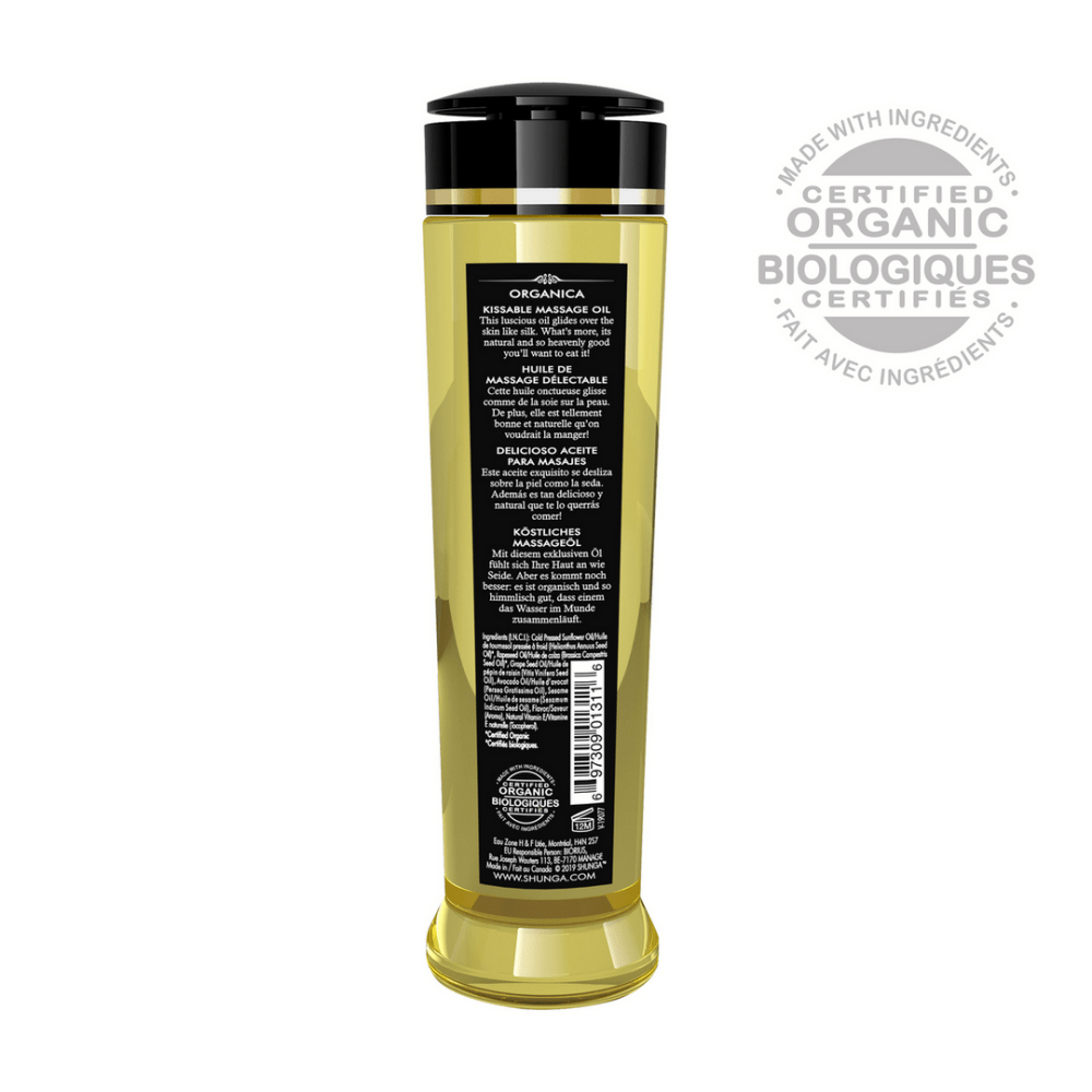 Shunga Organica massageolie groene thee, 240 ml, close-up van de fles met gouden label op witte achtergrond