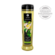 Shunga Organica massageolie groene thee, 240 ml fles met pomp, natuurlijke formule, productfoto op witte achtergrond