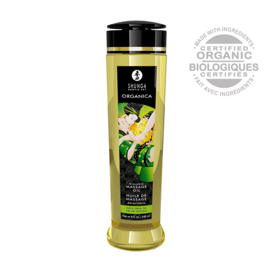 Shunga Organica massageolie groene thee, 240 ml fles met pomp, natuurlijke formule, productfoto op witte achtergrond
