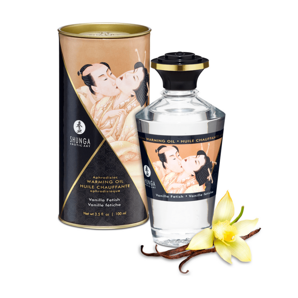 Shunga Aphrodisia olie Vanille Fetish 100 ml met verpakking, fles en vanilledetail