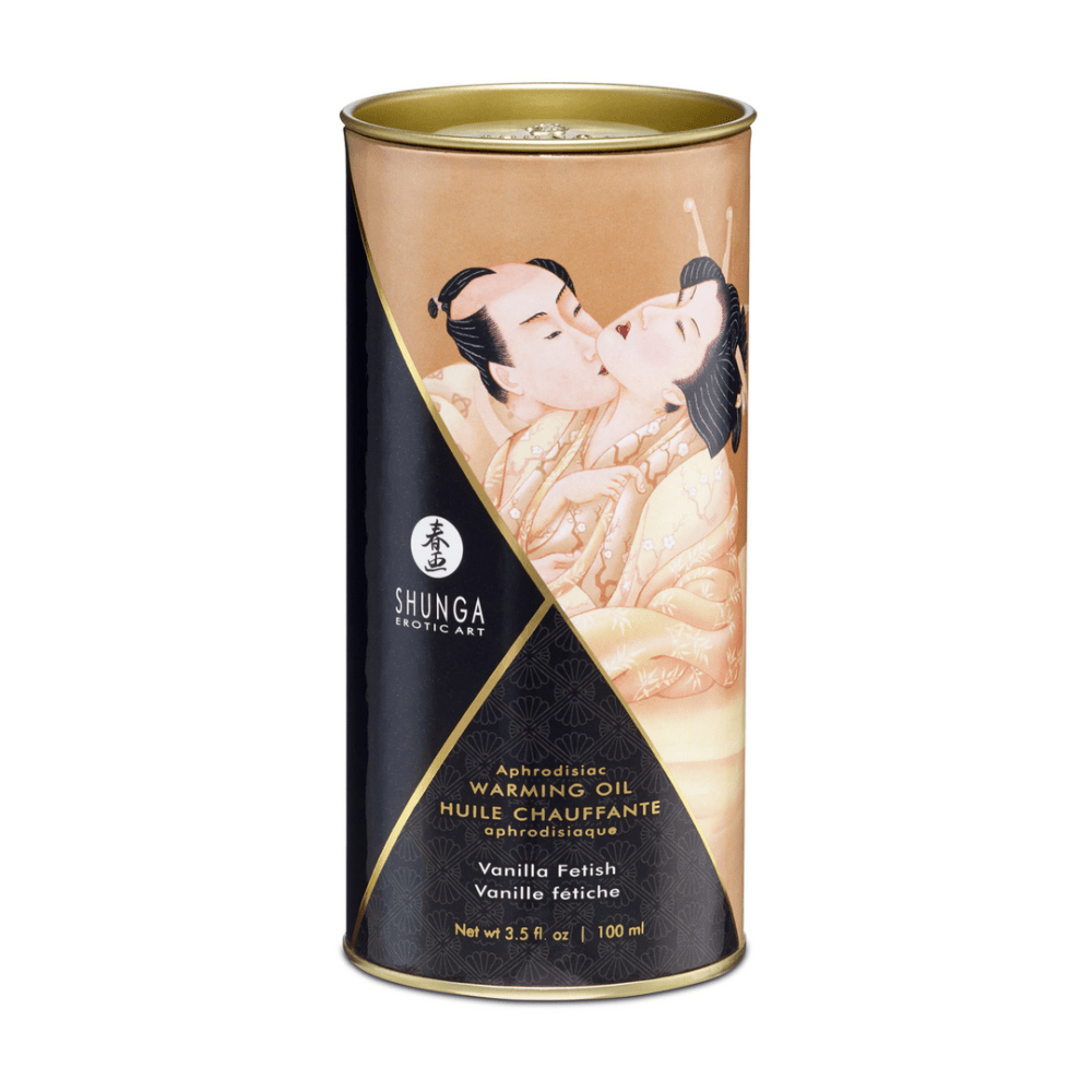 Goudzwarte Shunga verpakking van Vanille Fetish verwarmende olie 100 ml, recht van voren
