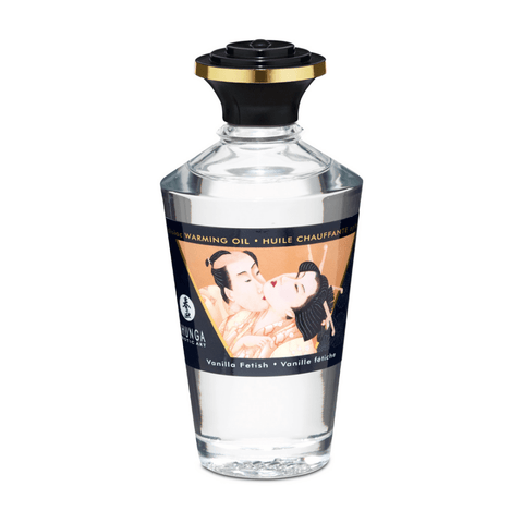 Shunga Aphrodisia Verwarmende Olie Vanille Fetish 100 ml in heldere glazen fles met zwarte dop