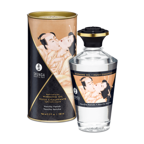 Shunga Vanille Fetish verwarmende olie 100 ml met glazen fles en goudzwarte verpakking