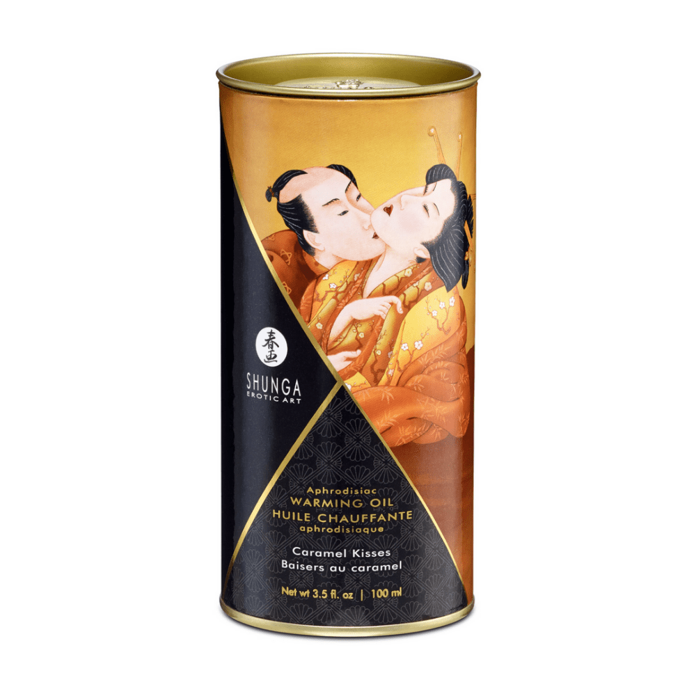 Goudzwarte Shunga Caramel Kisses verpakking 100 ml met warme illustratie, recht van voren gefotografeerd