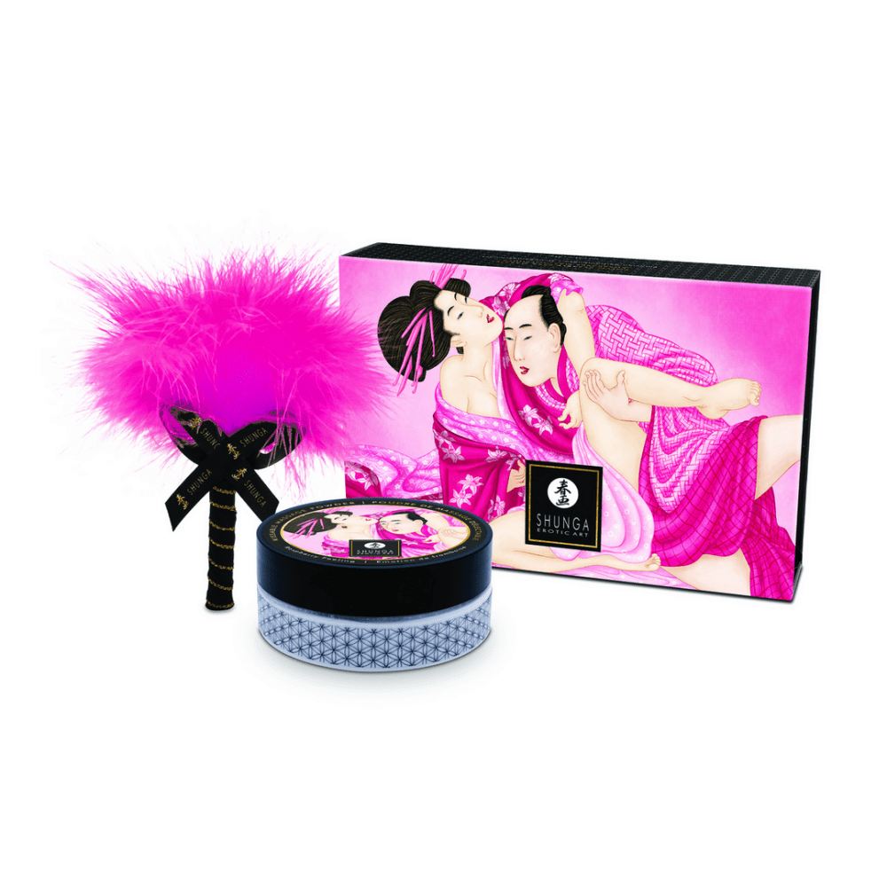 Shunga Kissable Body Powder Framboos 75 gr in roze set met zachte borstel voor zoete kusbare huid en intimiteit