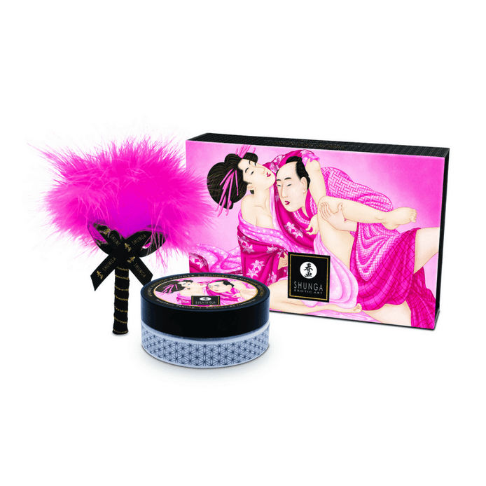 Shunga Kissable Body Powder Framboos 75 gr in roze set met zachte borstel voor zoete kusbare huid en intimiteit