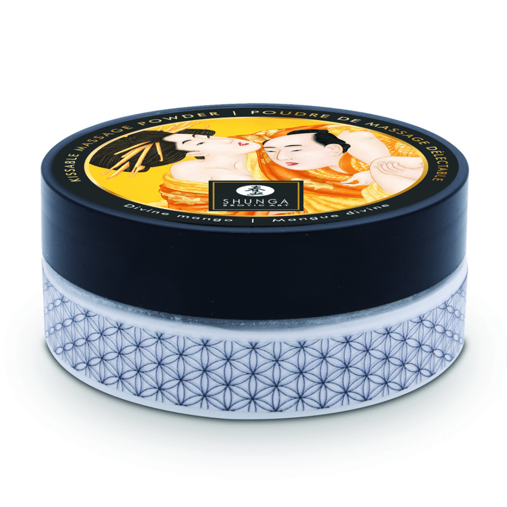 Zwarte Shunga Mango body powder 75 gr in luxe pot voor fluweelzachte kusbare huid en speelse tropische intimiteit