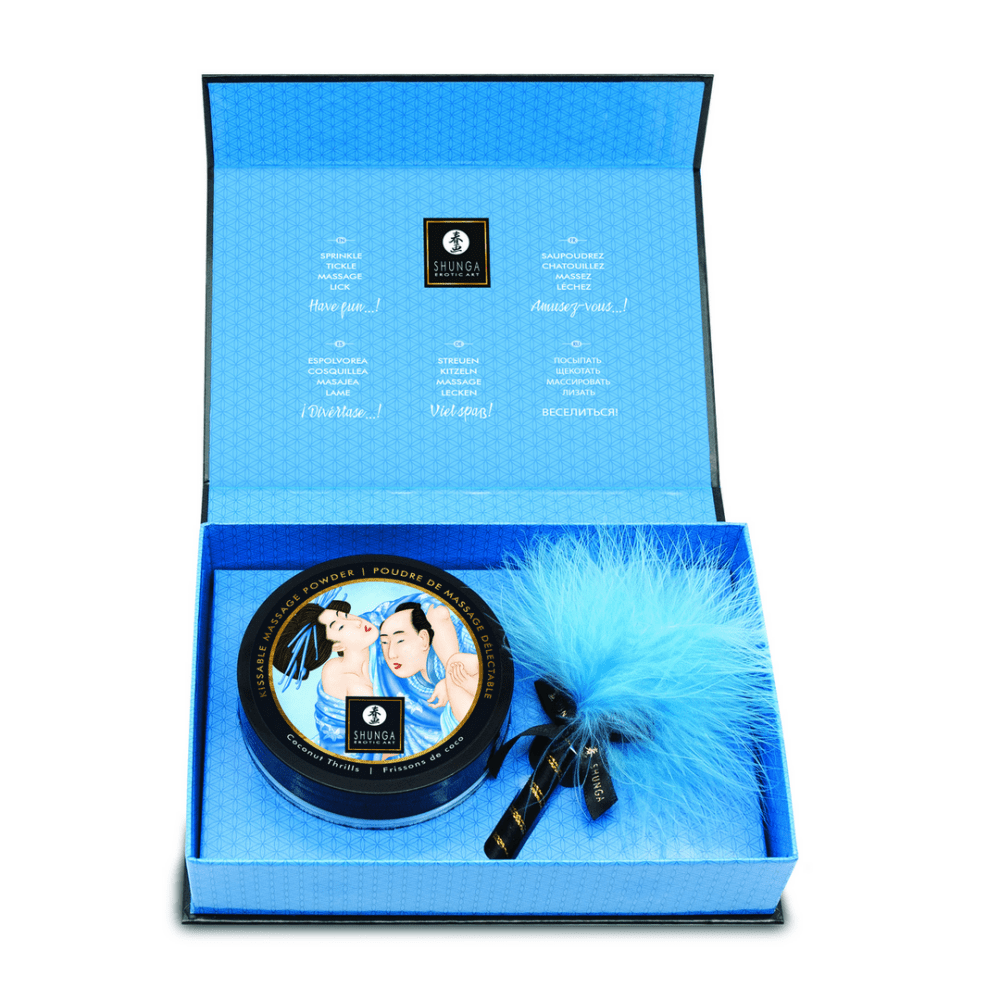 Shunga Coconut Thrills body powder 75 gr in blauwe pouch met illustratie voor zachte kusbare huid en intieme beleving