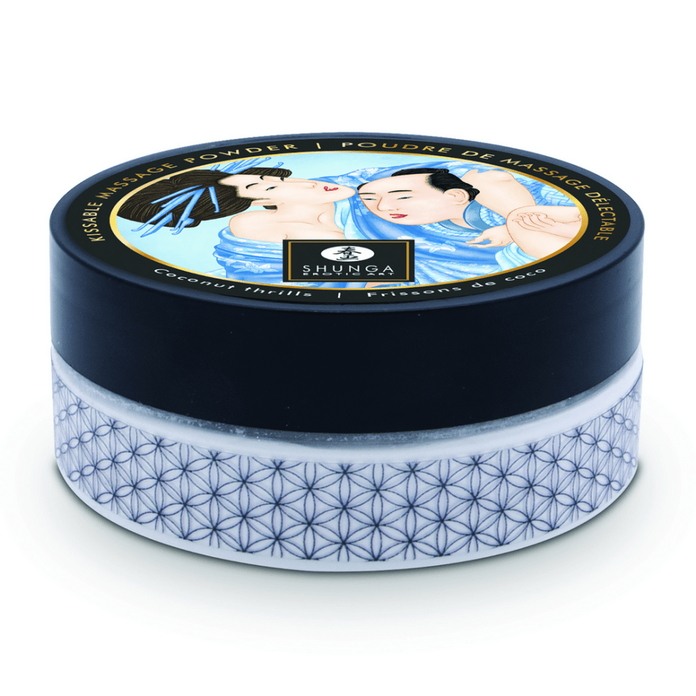 Zwarte Shunga Coconut Thrills body powder 75 gr in luxe ronde pot voor sensuele zachte huid en speelse intimiteitsmomenten