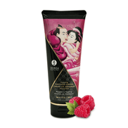 Shunga Framboosgevoel massagecrème 200 ml in zwarte tube met rood framboosdetail op witte achtergrond