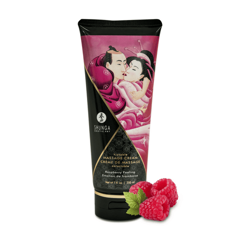 Shunga Framboosgevoel massagecrème 200 ml in zwarte tube met rood framboosdetail op witte achtergrond