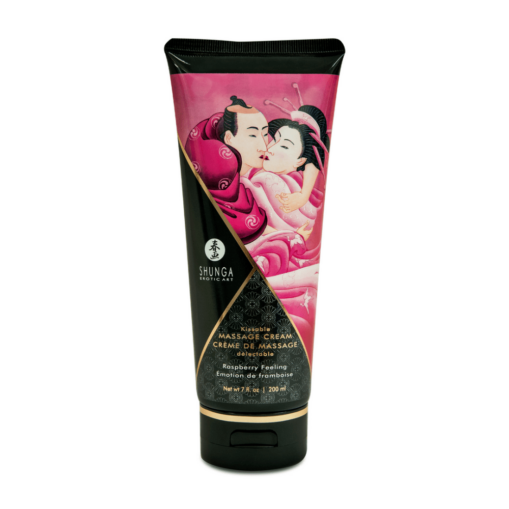 Shunga Kusbare Massagecrème Framboosgevoel 200 ml in zwarte tube met roze label op witte achtergrond