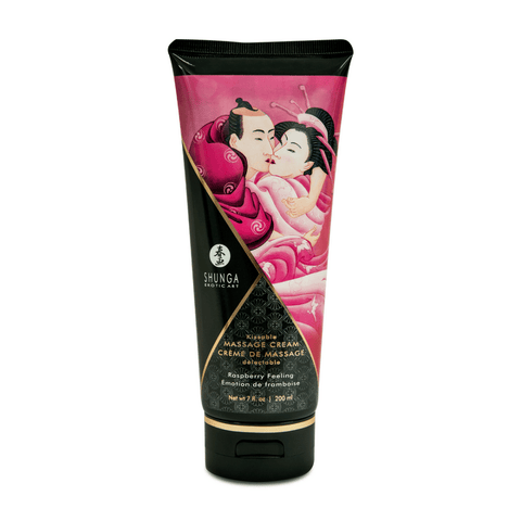 Shunga Kusbare Massagecrème Framboosgevoel 200 ml in zwarte tube met roze label op witte achtergrond