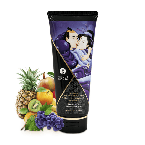 Shunga Exotische Vruchten massagecrème 200 ml in zwarte tube met tropisch fruitdetail op witte achtergrond