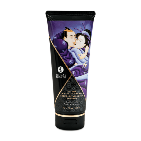 Shunga Kusbare Massagecrème Exotische Vruchten 200 ml in zwarte tube met paars label op witte achtergrond
