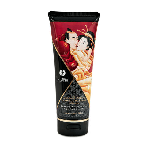 Shunga Kusbare Massagecrème Sprankelende Aardbeienwijn 200 ml in zwarte tube met rood label