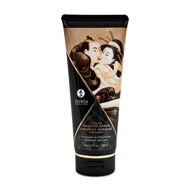 Shunga kusbare massagecrème chocolade, 200 ml tube met illustratie, eetbare zijdezachte crème, op witte achtergrond