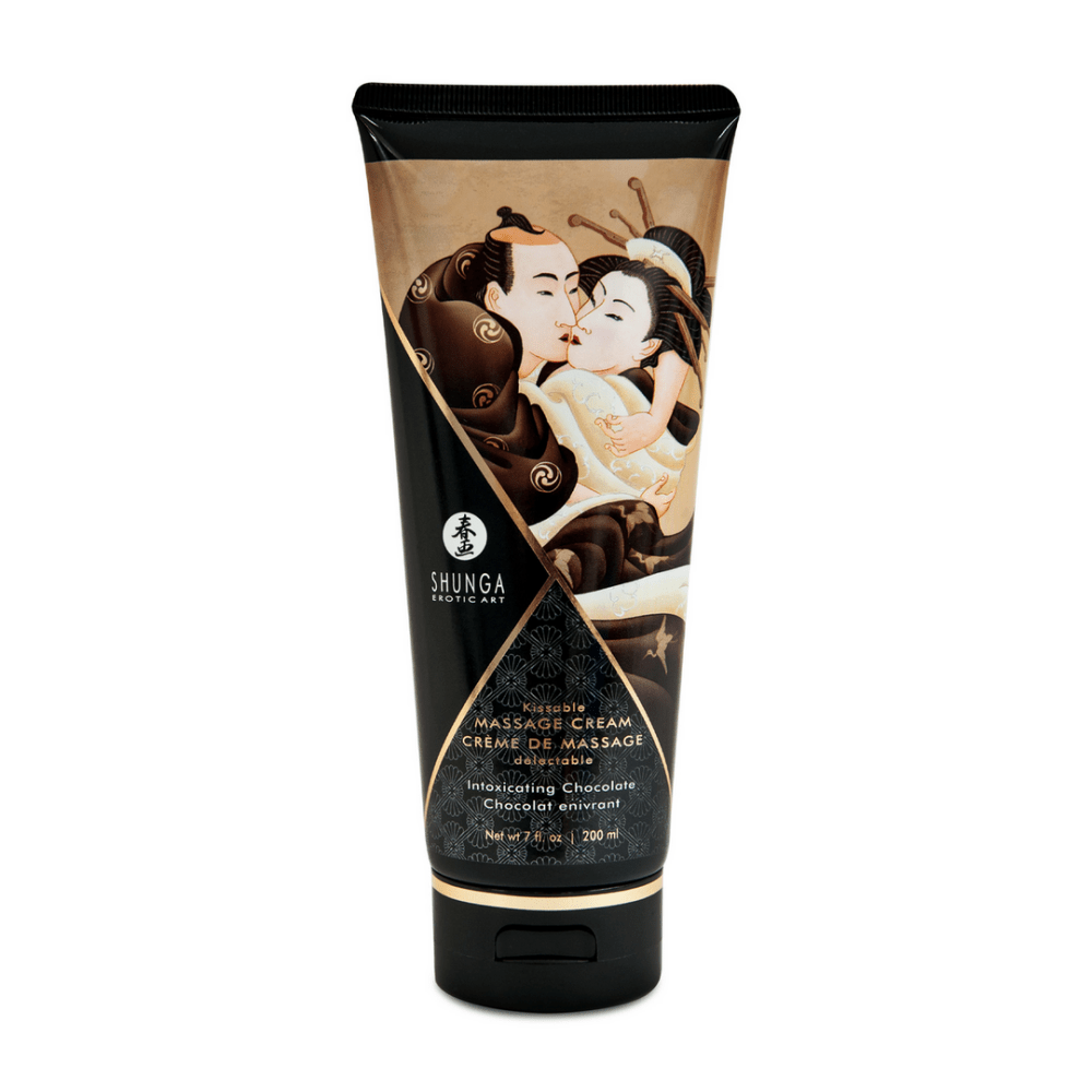 Shunga Kusbare Massagecrème Verslavende Chocolade 200 ml in zwarte tube met warm chocoladelabel