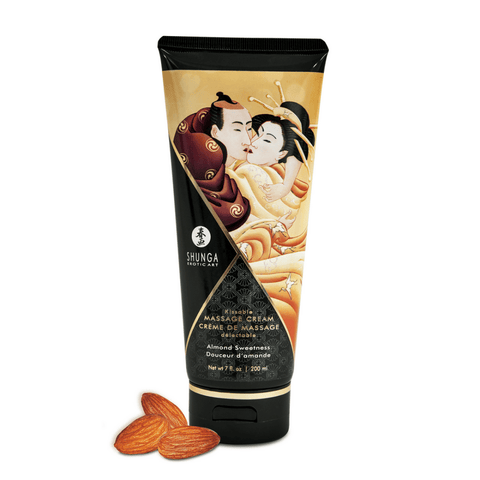Shunga Amandelzoetheid massagecrème 200 ml in tube met warm oranje crèmedetail ernaast