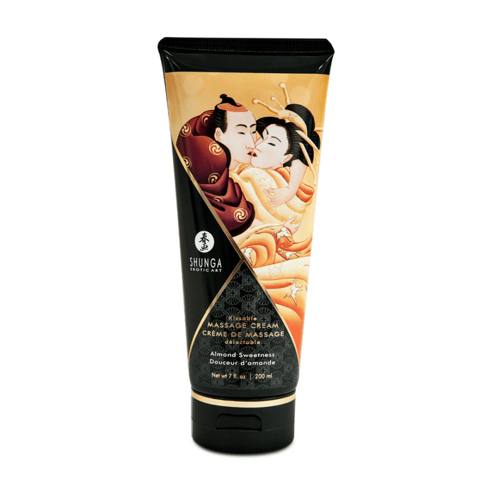 Shunga Kusbare Massagecrème Amandelzoetheid 200 ml in zwarte tube met goudoranje label