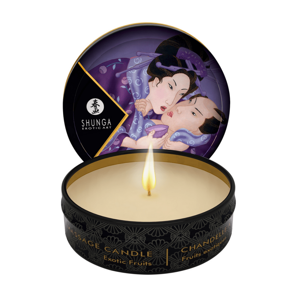 Shunga mini massagekaars exotische vruchten in open blikje met paarse illustratie voor warme ontspanningsmassage
