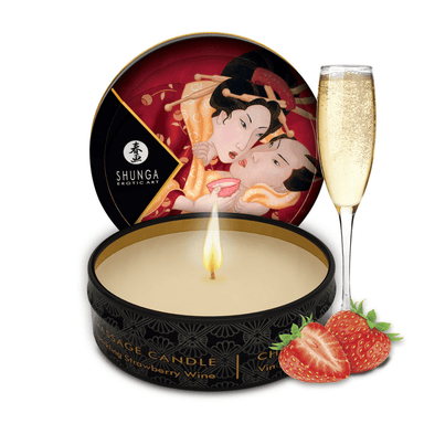 Shunga mini massagekaars 30 ml, geur aardbei en sprankelende wijn, kleine reiskaars in metalen potje met rood deksel