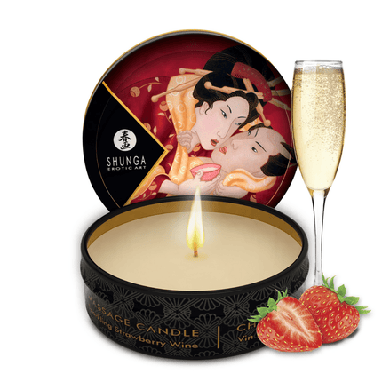Shunga mini massagekaars 30 ml, geur aardbei en sprankelende wijn, kleine reiskaars in metalen potje met rood deksel
