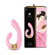 Shunga MIYO G-Spot vibrator lichtroze, naast verpakking, premium uitstraling