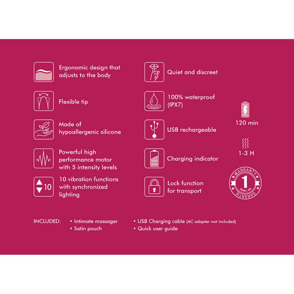 Shunga MIYO vibrator specificaties, roze infokaart met standen en oplaadinfo