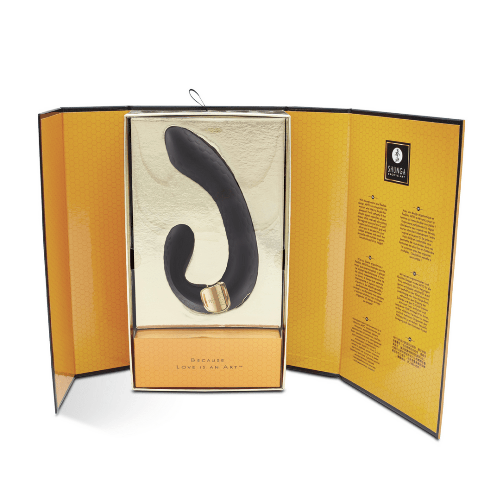 Open Shunga MIYO G-Spot vibrator verpakking met zichtbare zwarte vibrator en gouden binnenzijde voor luxe uitstraling