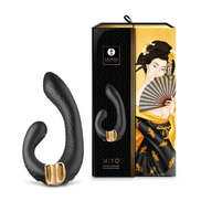 Shunga MIYO G-Spot vibrator in elegante zwarte tint naast luxe verpakking met goudaccenten voor stijlvolle presentatie