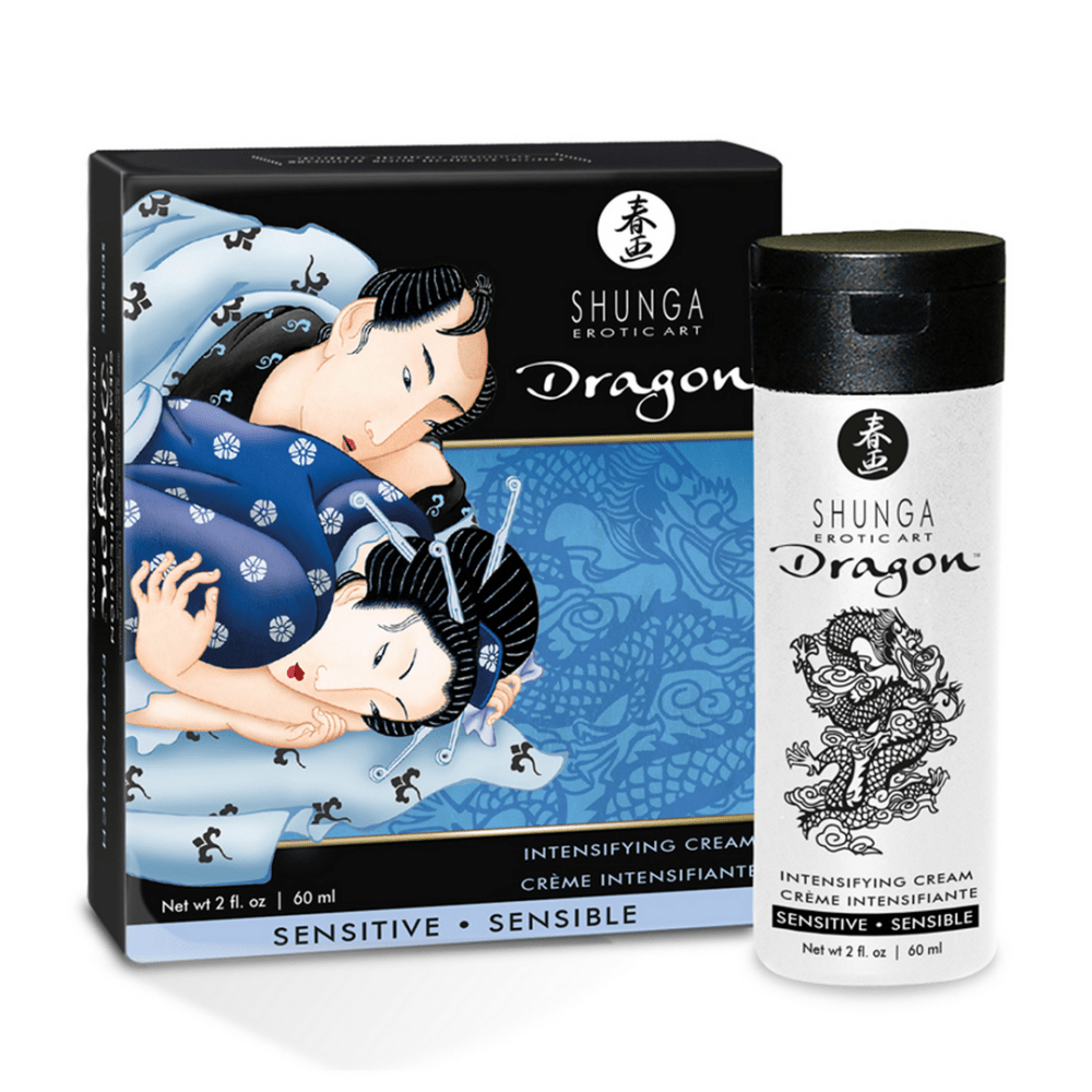Shunga Dragon Sensitive Cream set met blauwe verpakking en witte tube met Japanse illustratie