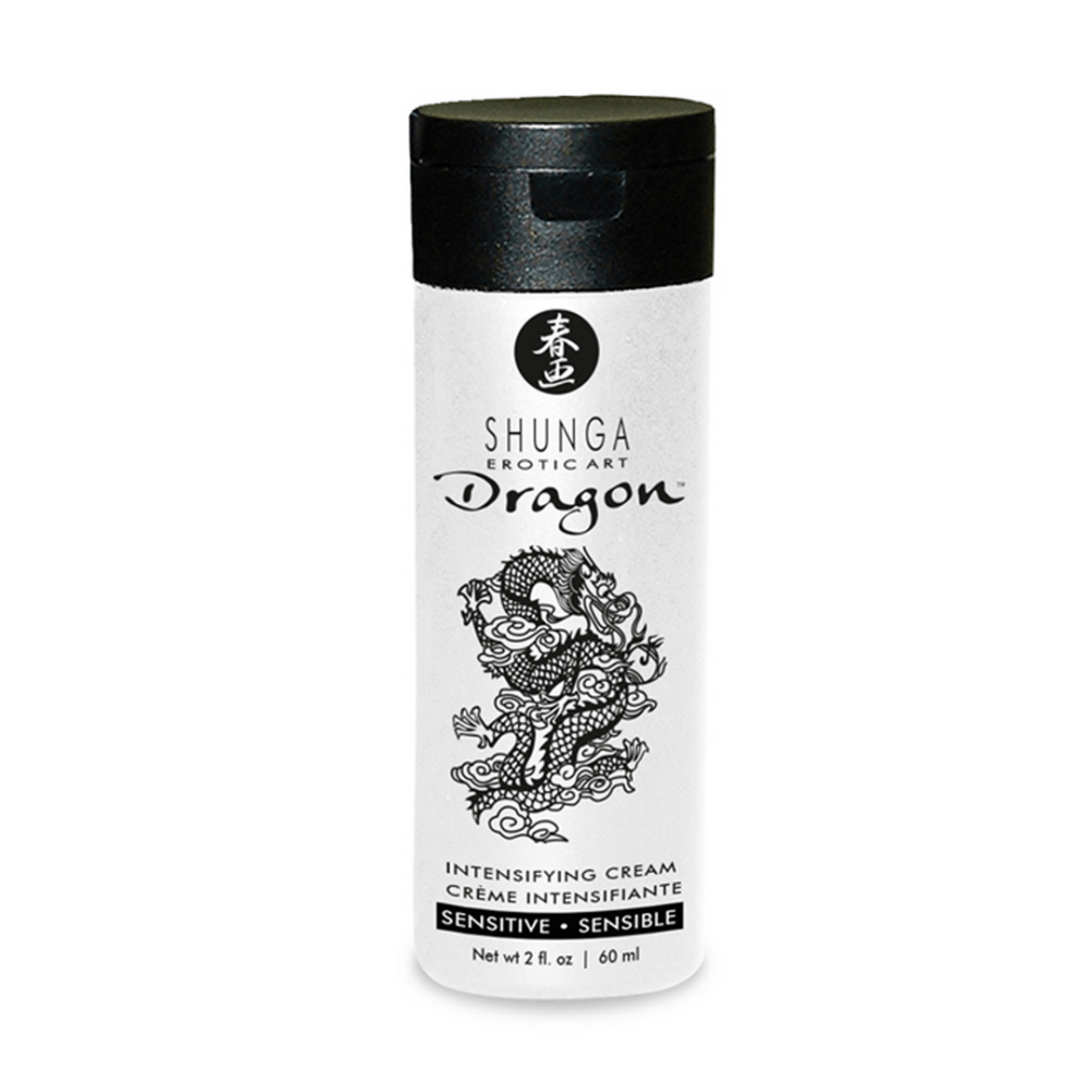 Shunga Dragon Sensitive Cream 60 ml in witte tube met zwart logo en Japanse stijlillustratie