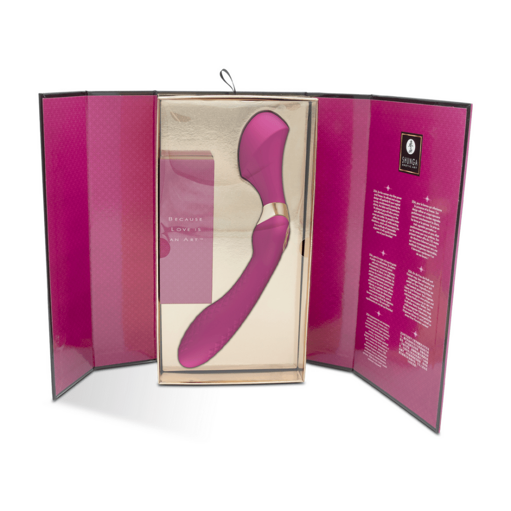 Open luxe verpakking van de Shunga ZOA framboos clitoris vibrator met binnenvak en productpresentatie