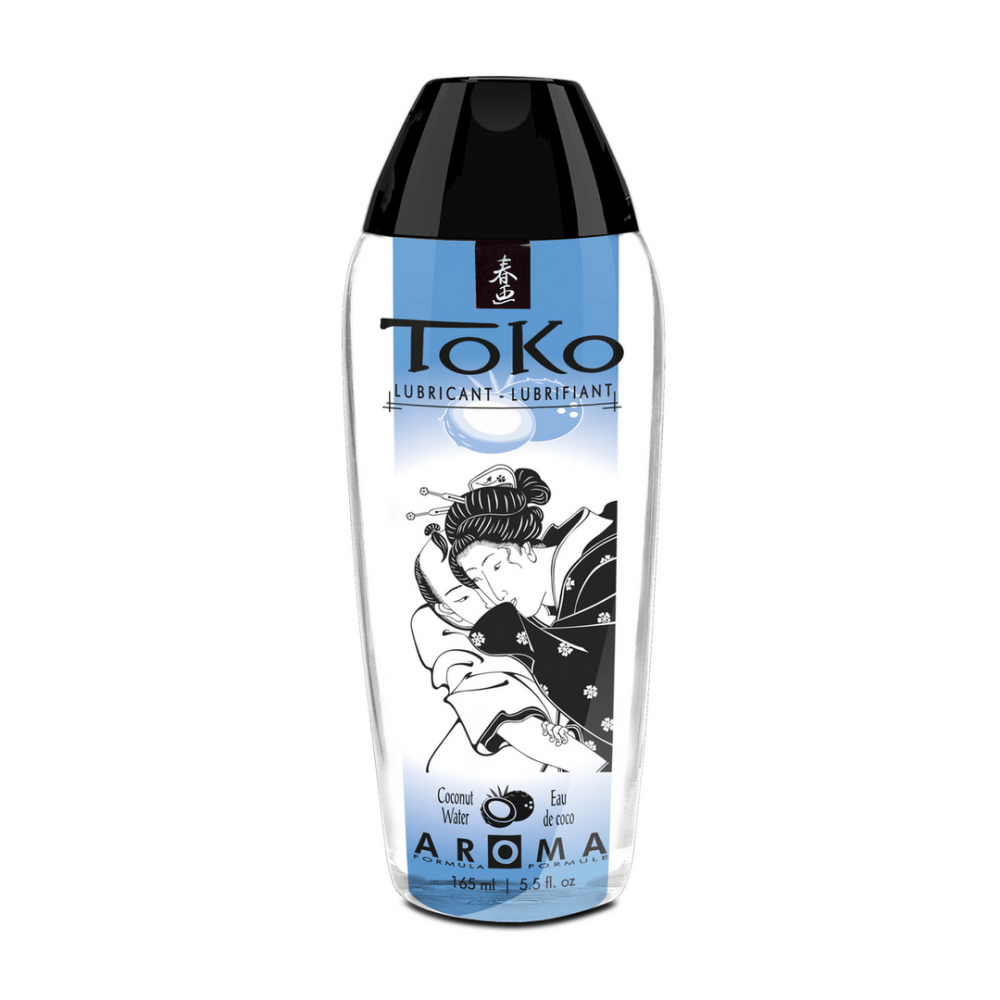 Shunga Toko Aroma glijmiddel Kokoswater 165 ml flesje met zwarte dop en Japanse illustratie