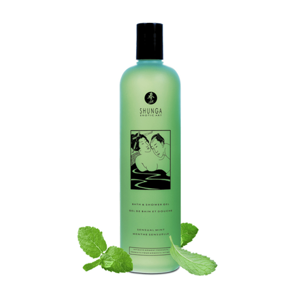 Shunga Bad- en Douchegel Sensual Mint 370 ml in groene fles met muntblaadjes op witte achtergrond