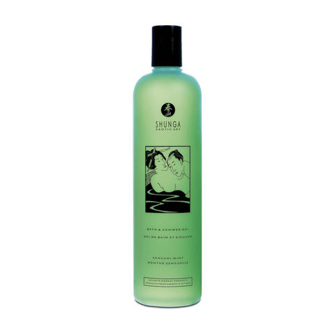 Groene Shunga Sensual Mint bad- en douchegel 370 ml in slanke fles met zwarte dop, recht van voren