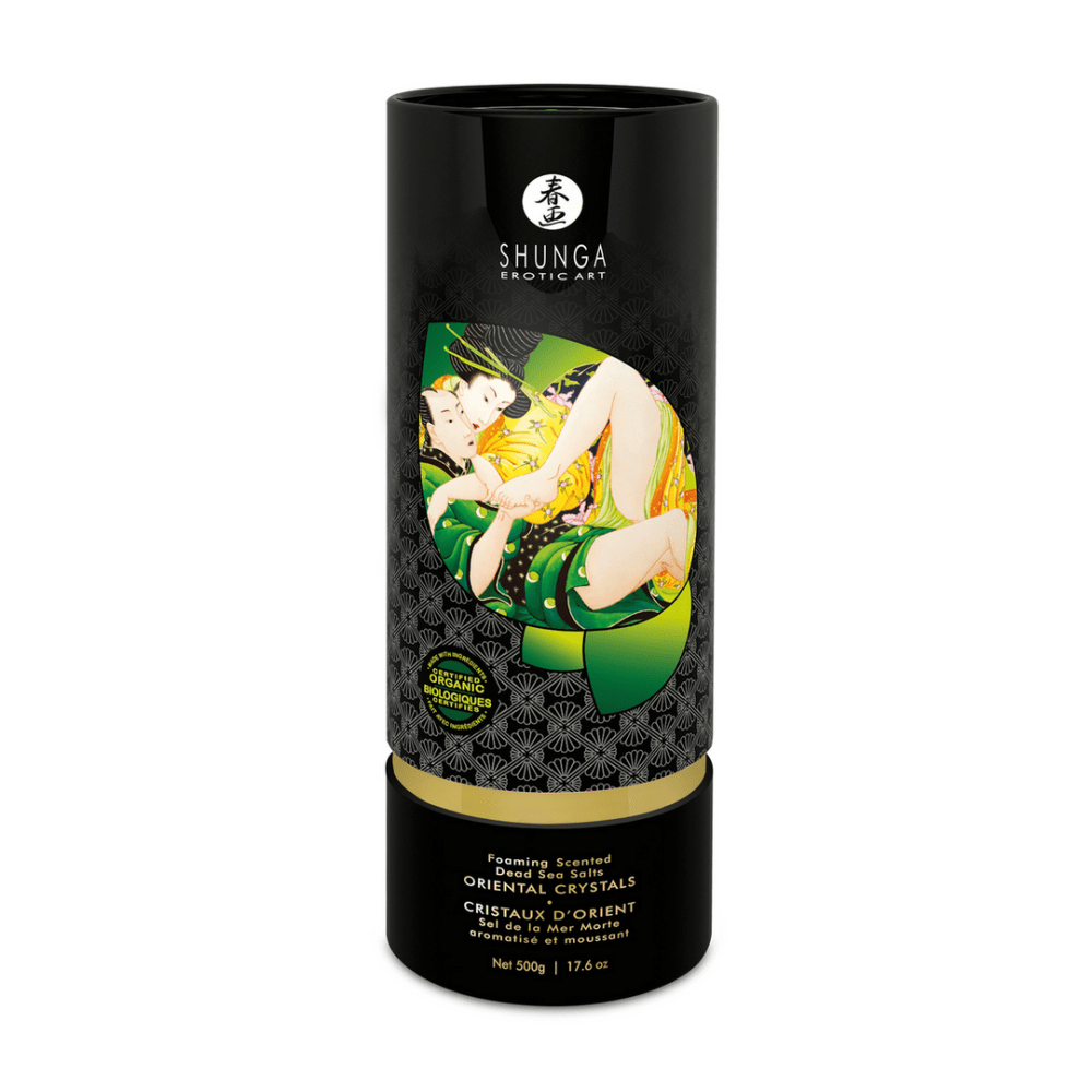 Shunga Lotus badzout 500 gr in zwarte pot met groene lotusillustratie en gouden dop, rechtopstaand productshot