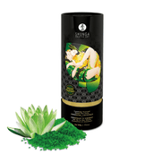 Shunga Lotus badzout 500 gr in zwarte pot met groene kristallen en lotusdetails, rechtop gefotografeerd voor productweergave
