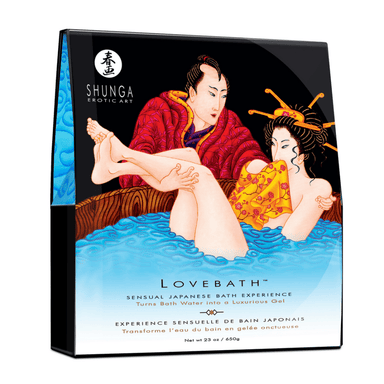 Shunga Lovebath Ocean Temptations, luxe badpoeder 575 g, productverpakking met blauw design