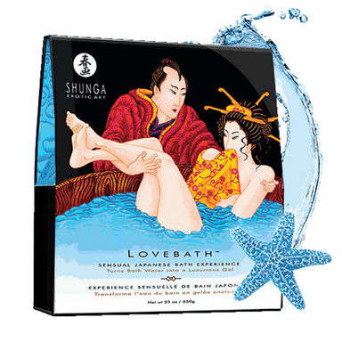 Shunga Lovebath Ocean Temptations, romantisch badritueel, koppelillustratie op verpakking