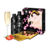 Shunga body to body massage set met twee zwarte flacons, geschenkdoos, champagneglas, aardbei en gouden sachets