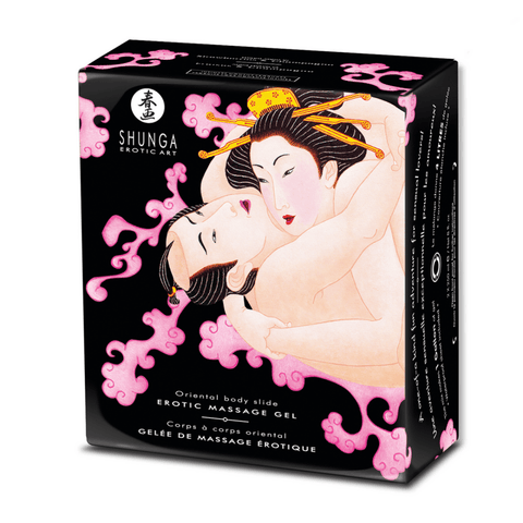 Shunga body to body massage geschenkdoos met romantische illustratie op witte achtergrond, set aardbei en champagne