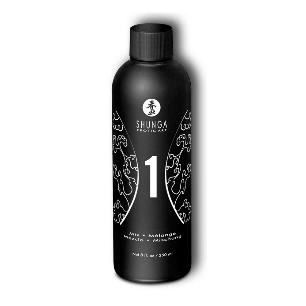 Losse zwarte flacon uit de Shunga body to body massage set, strak productbeeld op witte achtergrond