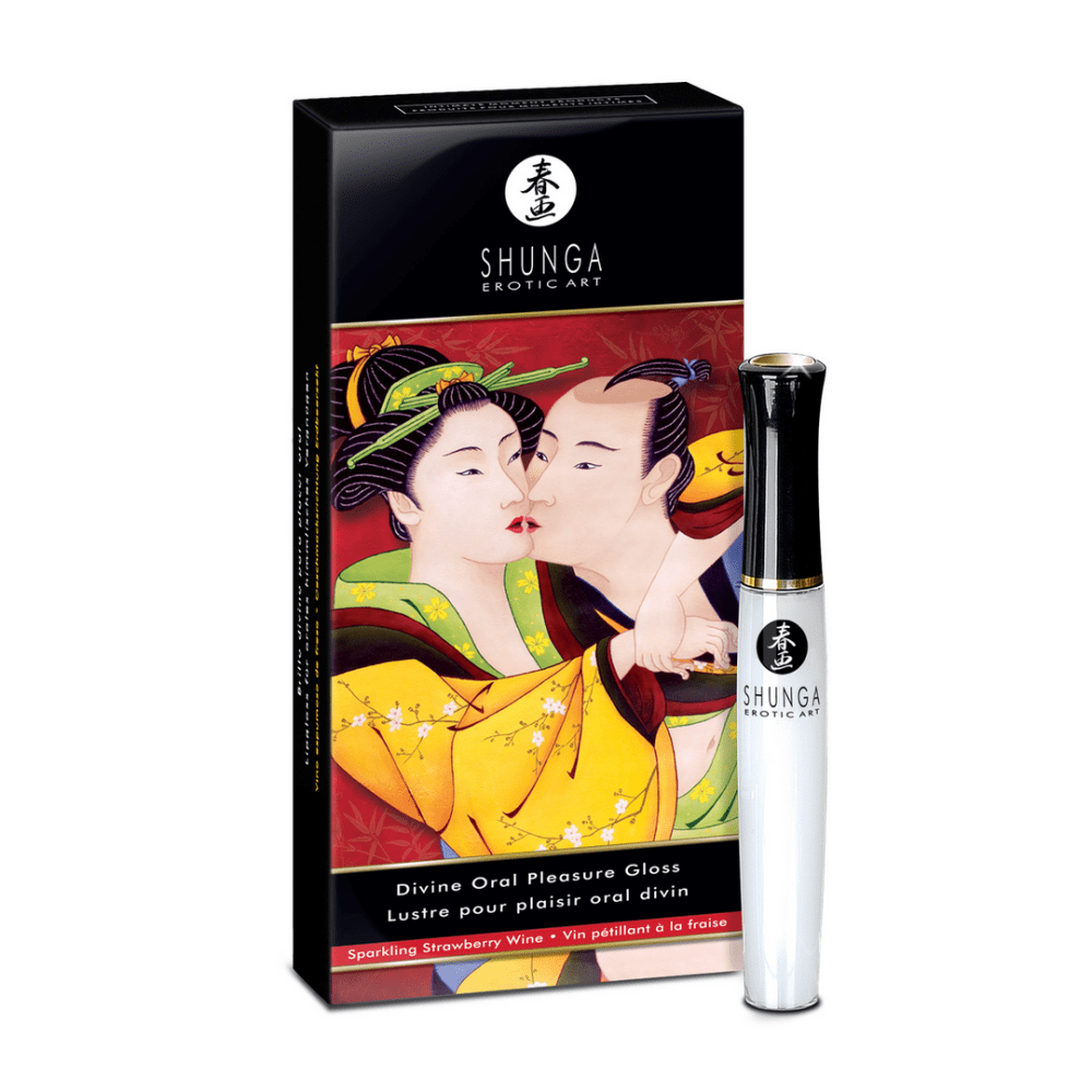 Shunga Divine Oral Lipgloss 10 ml aardbei sprankelende wijn in zwarte verpakking met sensuele illustratie en witte tube